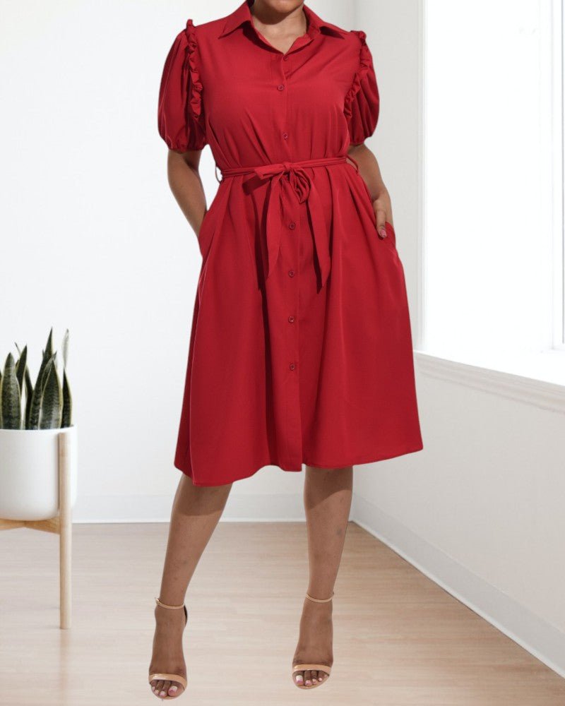 Ladies Red Puff Sleeves Shirt Dress - StylePhase SA