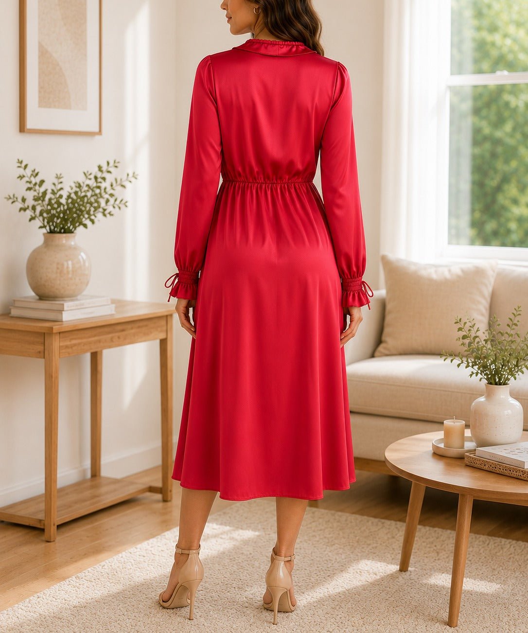 Ladies Red Satin Ruffle V-Neck Dress - StylePhase SA