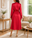 Ladies Red Satin Ruffle V-Neck Dress - StylePhase SA