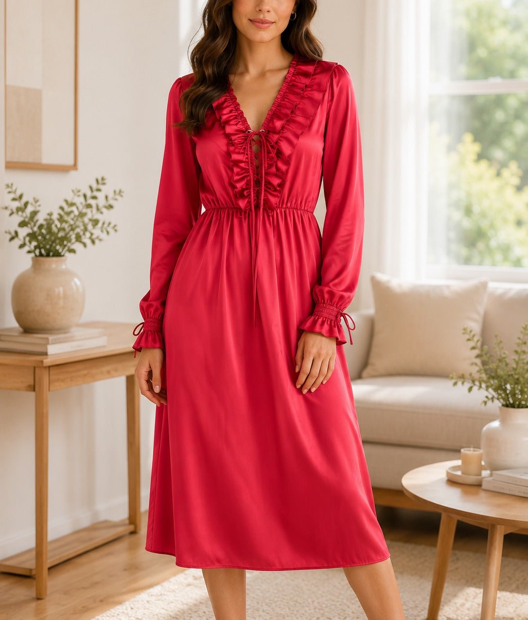 Ladies Red Satin Ruffle V-Neck Dress - StylePhase SA