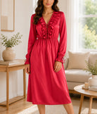 Ladies Red Satin Ruffle V-Neck Dress - StylePhase SA