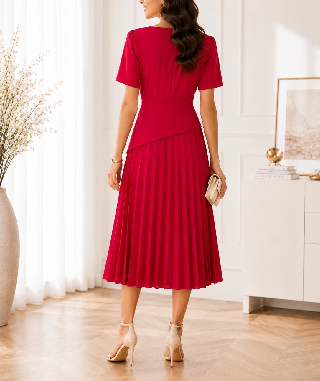 Ladies Red Short Sleeve Pleated Dress - StylePhase SA