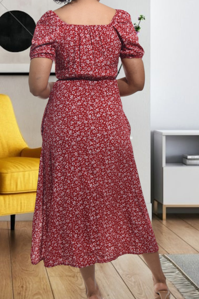 Ladies Red Slit Floral Dress - StylePhase SA