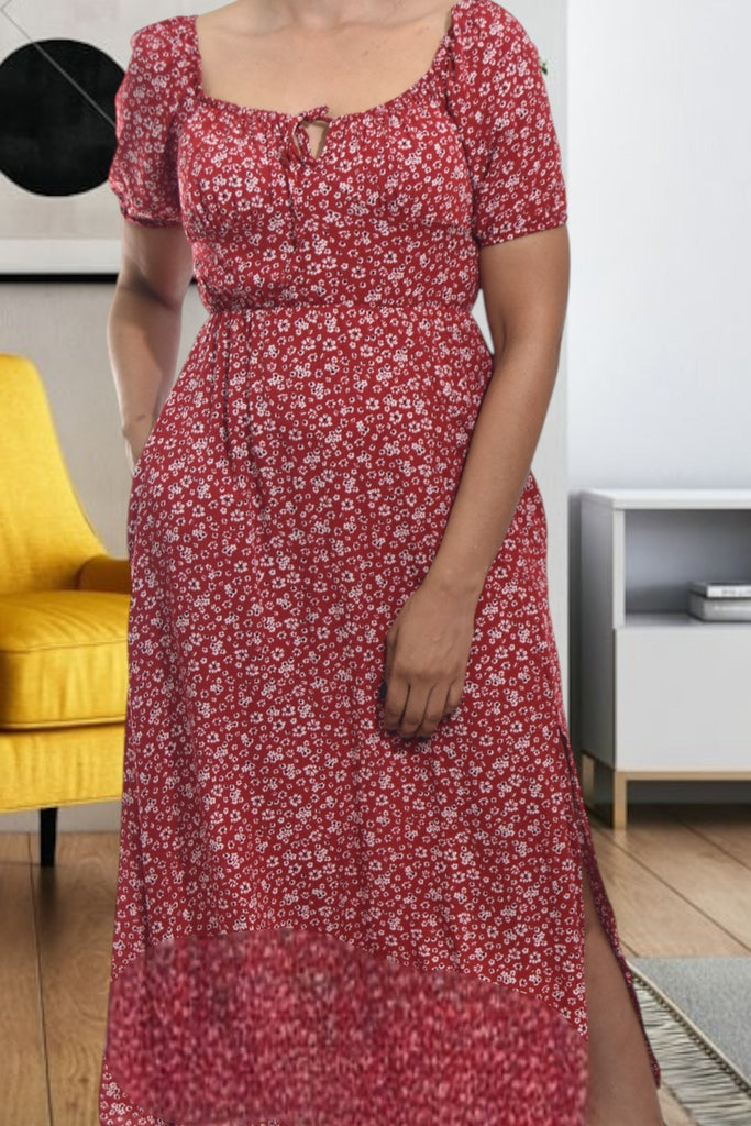 Ladies Red Slit Floral Dress - StylePhase SA