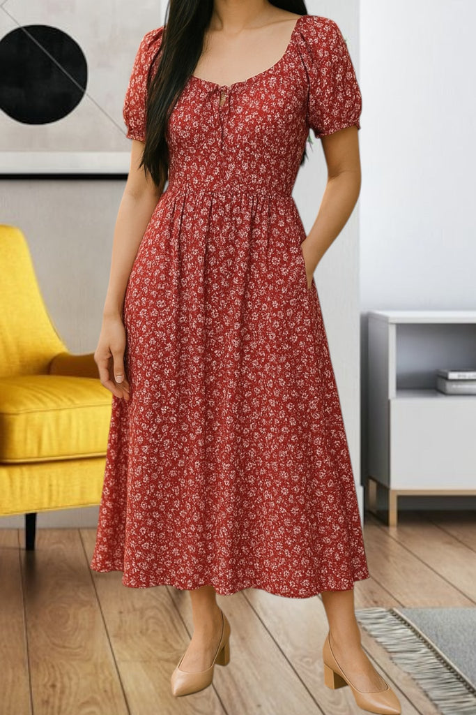 Ladies Red Slit Floral Dress - StylePhase SA