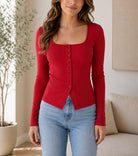 Ladies Red Square Neck Button Knit Cardigan - StylePhase SA