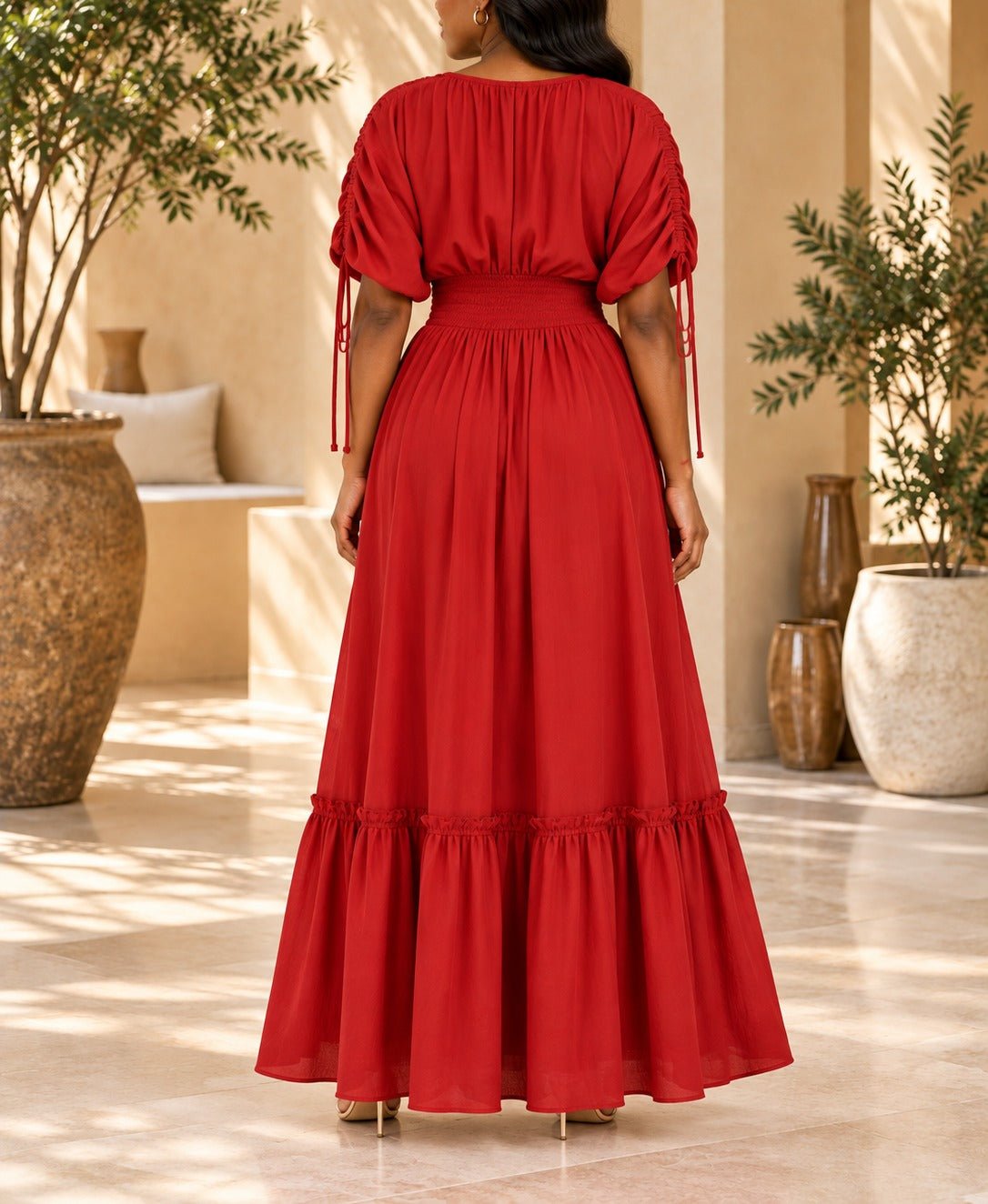 Ladies Red V-neck Drawstring Sleeve Tier Maxi Dress - StylePhase SA