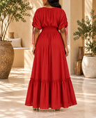 Ladies Red V-neck Drawstring Sleeve Tier Maxi Dress - StylePhase SA