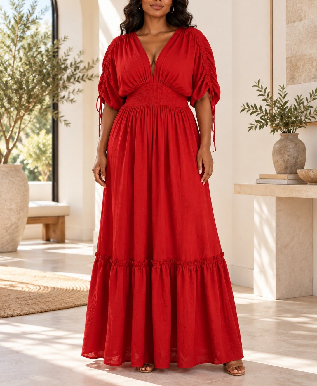 Ladies Red V-neck Drawstring Sleeve Tier Maxi Dress - StylePhase SA