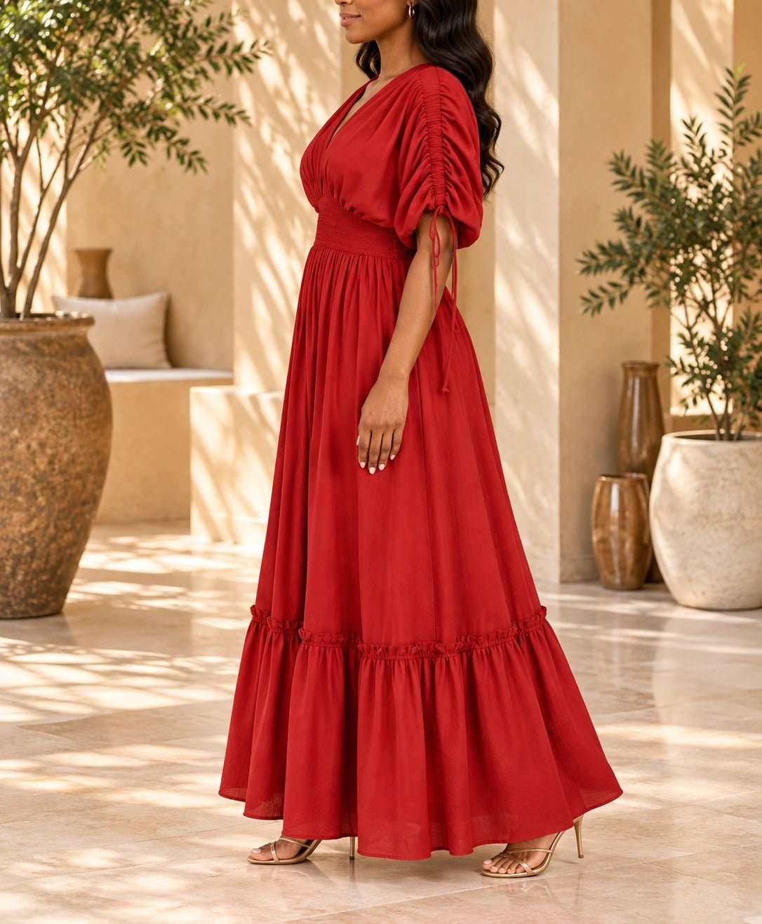 Ladies Red V-neck Drawstring Sleeve Tier Maxi Dress - StylePhase SA