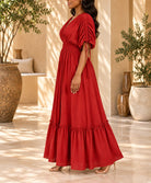 Ladies Red V-neck Drawstring Sleeve Tier Maxi Dress - StylePhase SA