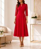 Ladies Red V-Notch Collar Lace Sleeve Dress - StylePhase SA