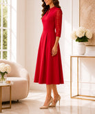 Ladies Red V-Notch Collar Lace Sleeve Dress - StylePhase SA