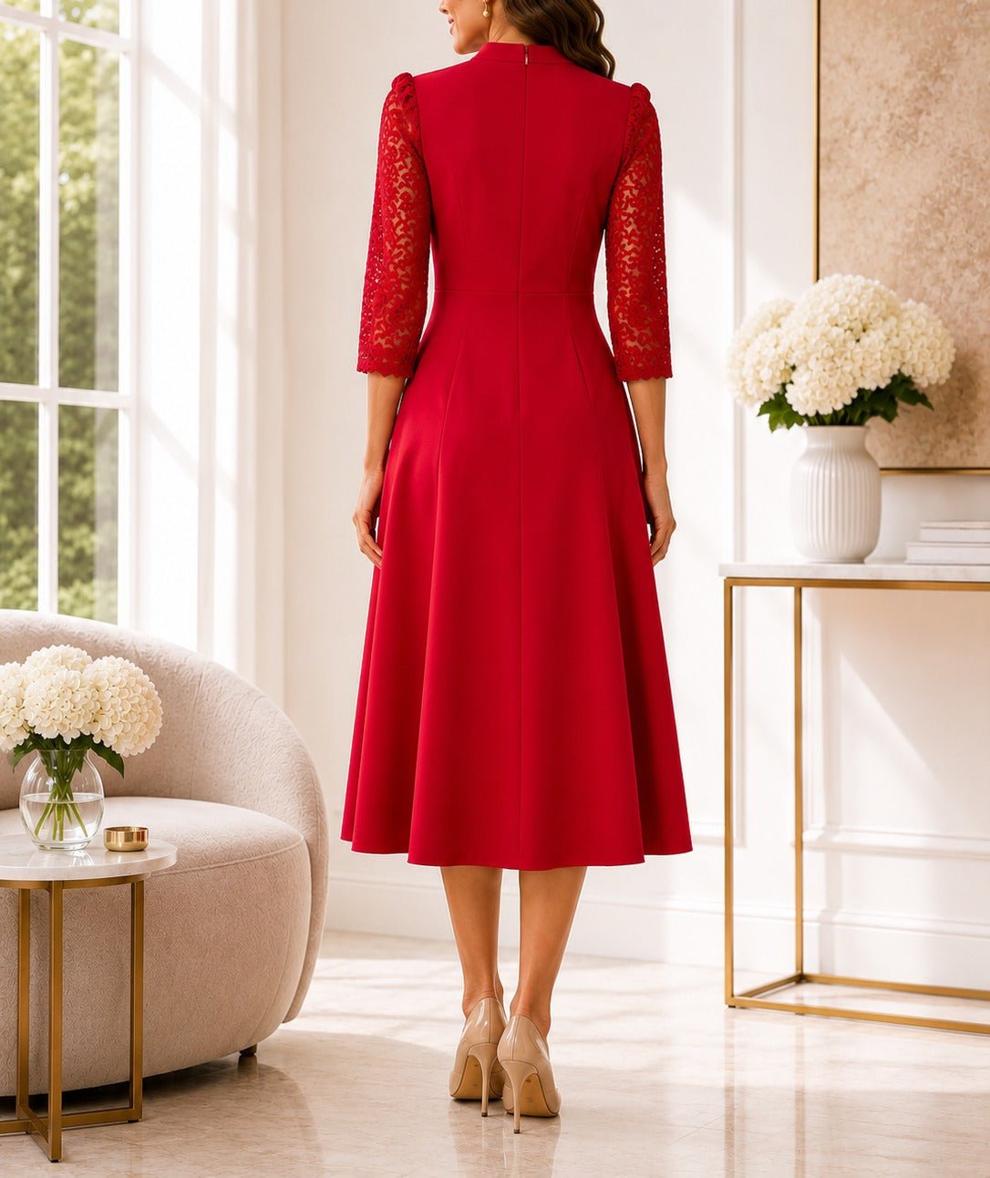 Ladies Red V-Notch Collar Lace Sleeve Dress - StylePhase SA