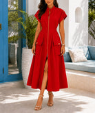 Ladies Red Zipper Pocket Front Slit Dress - StylePhase SA