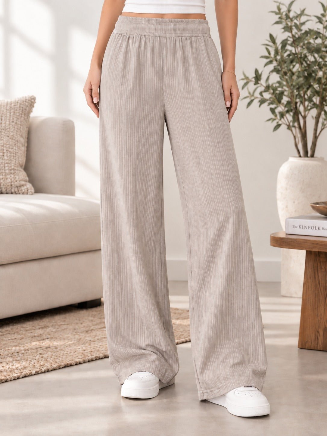 Ladies Rib Wide Leg Pants-Beige - StylePhase SA