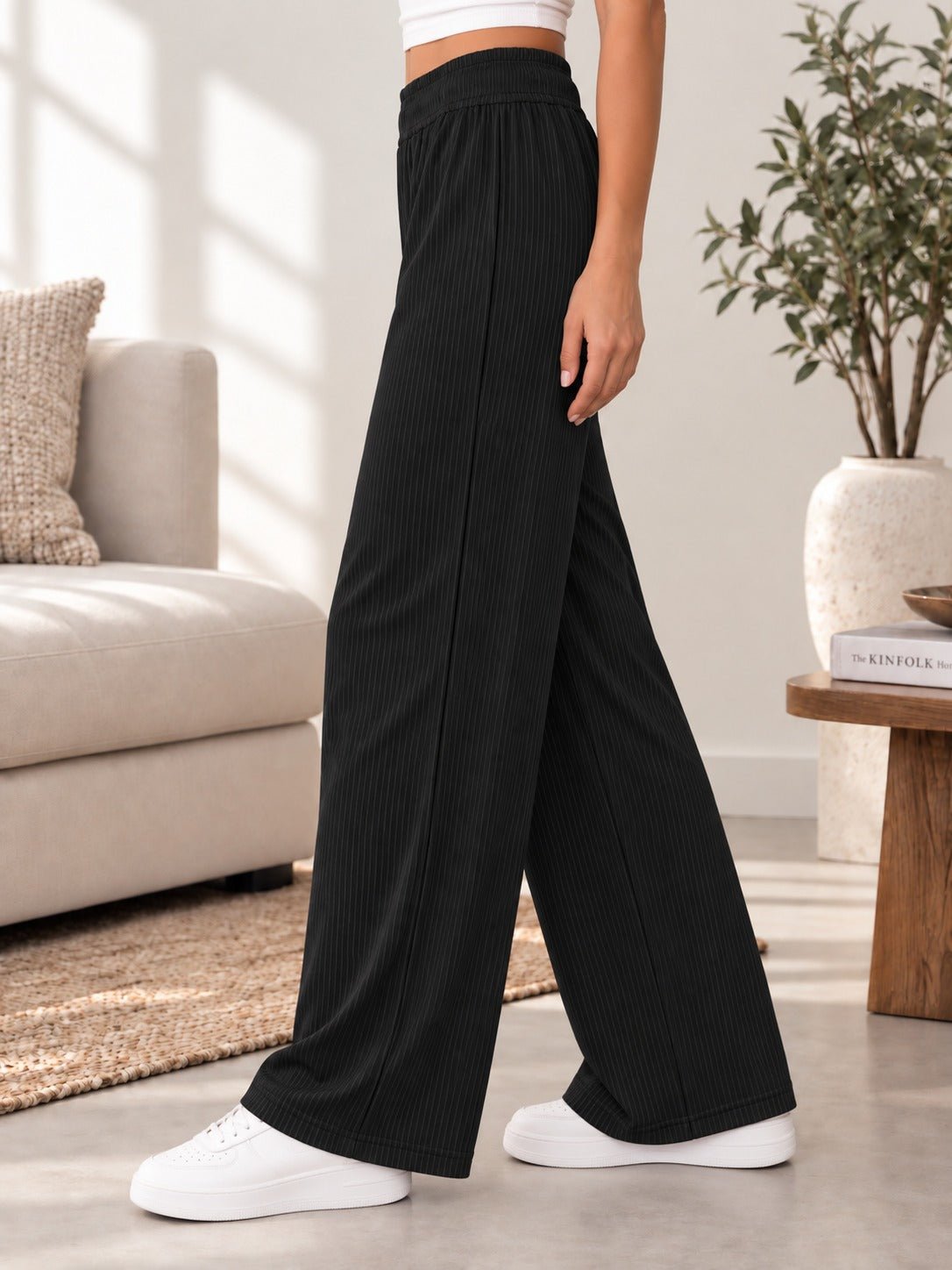 Ladies Rib Wide Leg Pants- Black - StylePhase SA