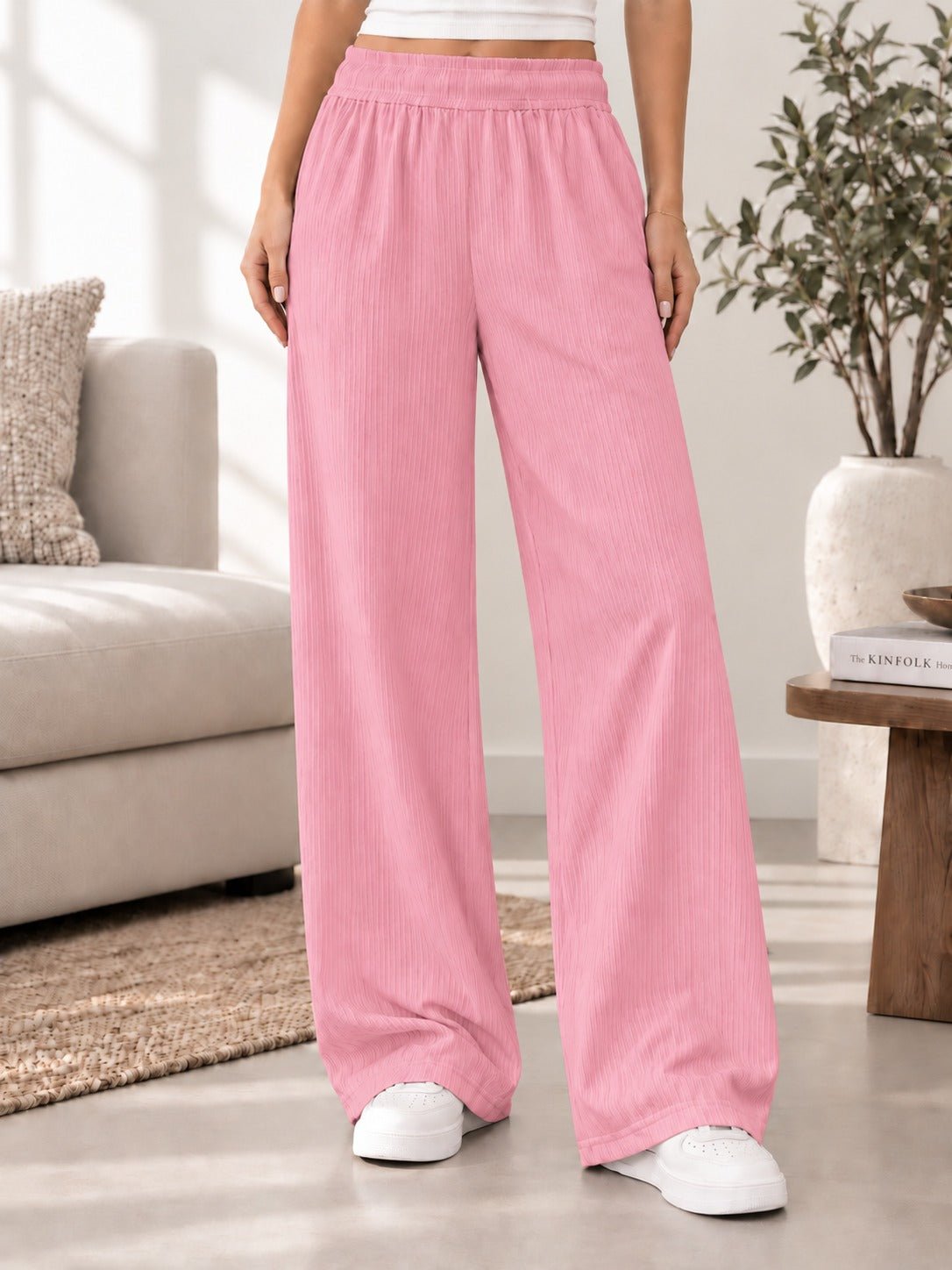 Ladies Rib Wide Leg Pants-Pink - StylePhase SA