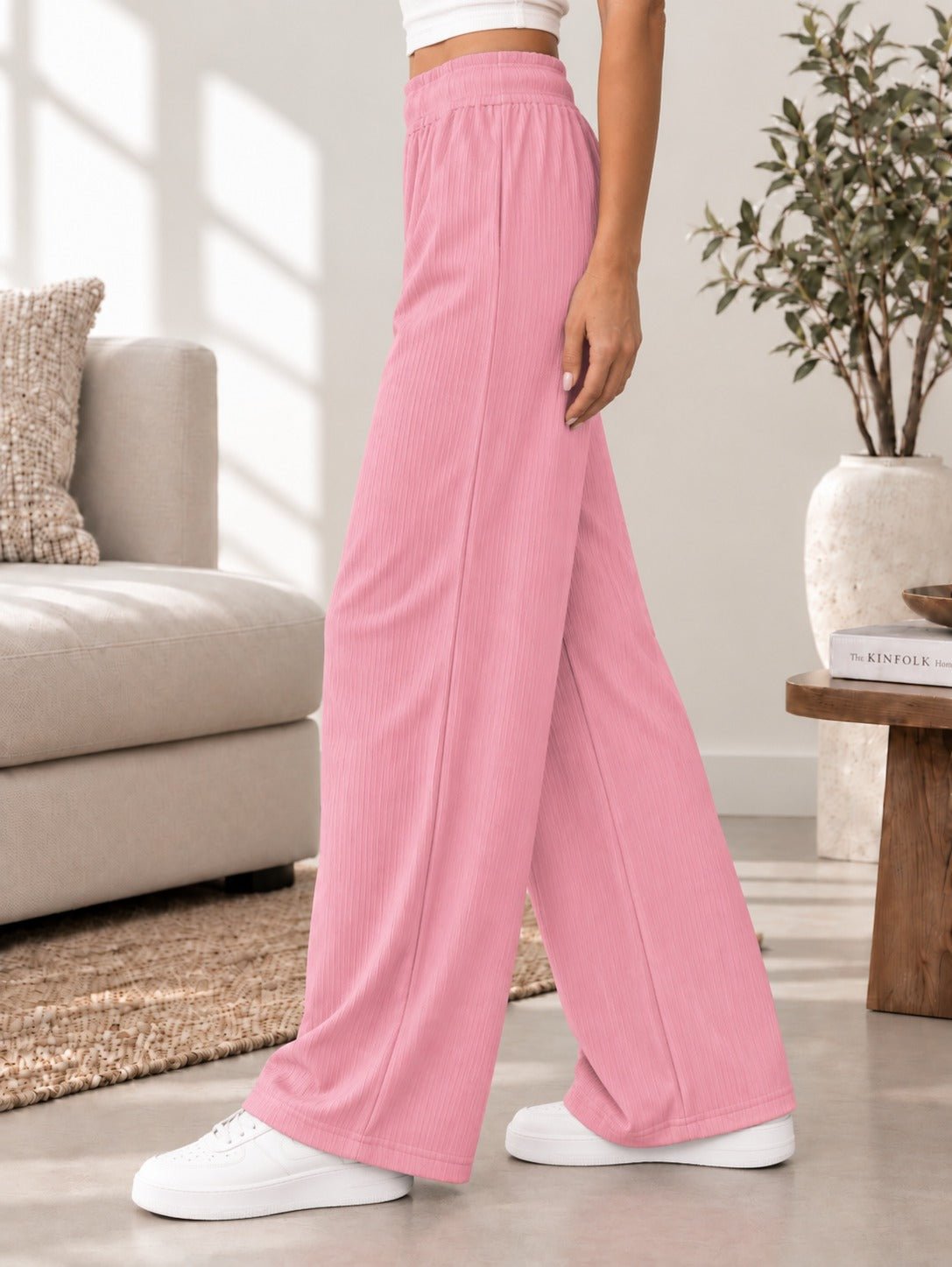 Ladies Rib Wide Leg Pants-Pink - StylePhase SA