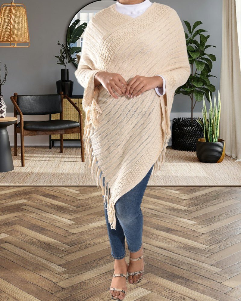 Ladies Ribbed Beige Poncho - StylePhase SA