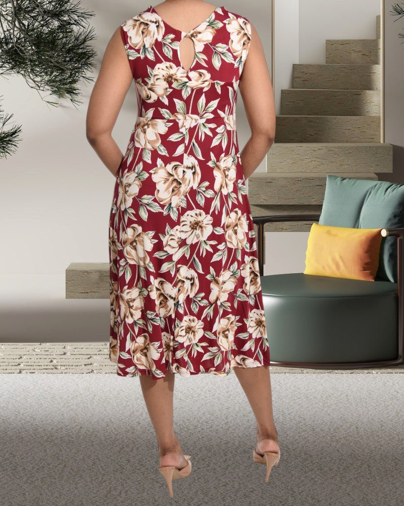 Ladies Rose Print Maroon Knotted Dress - StylePhase SA