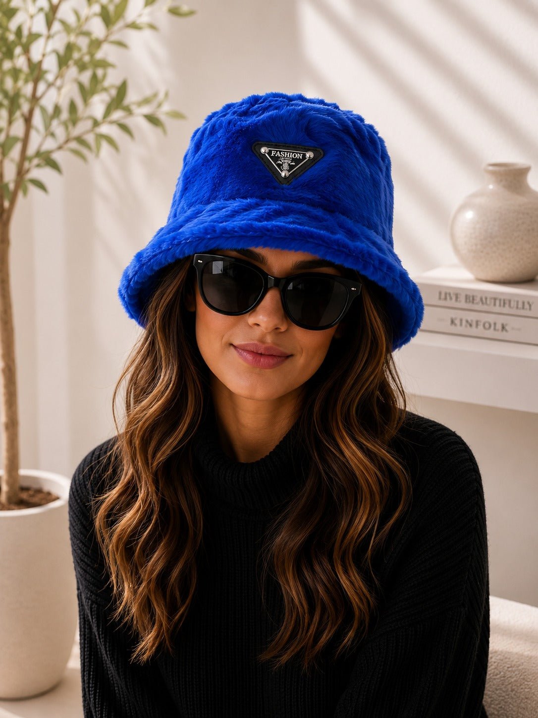 Ladies Royal Blue Faux Fur Bucket Hat - StylePhase SA