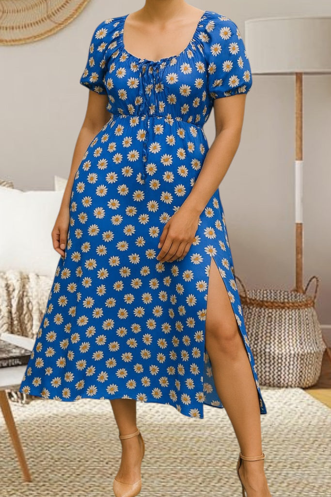 Ladies Royal Blue Floral Slit Dress - StylePhase SA