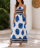 Ladies Royal Blue Leaf Print Spaghetti Strap Maxi Dress - StylePhase SA