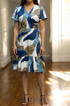 Ladies Ruffel Wrap Dress - Brown And Navy - StylePhase SA
