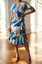 Ladies Ruffel Wrap Dress - Brown And Navy - StylePhase SA