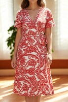 Ladies Ruffel Wrap Dress - Cream And Red - StylePhase SA