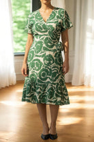 Ladies Ruffel Wrap Dress - White And Green - StylePhase SA