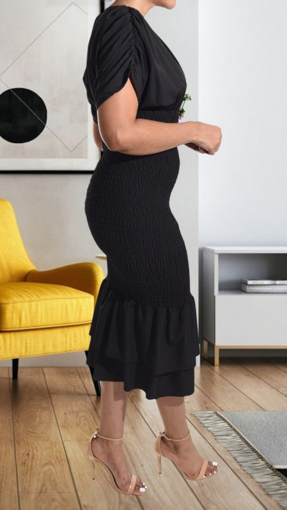 Ladies Ruffle Hem Shirred Black Dress - StylePhase SA