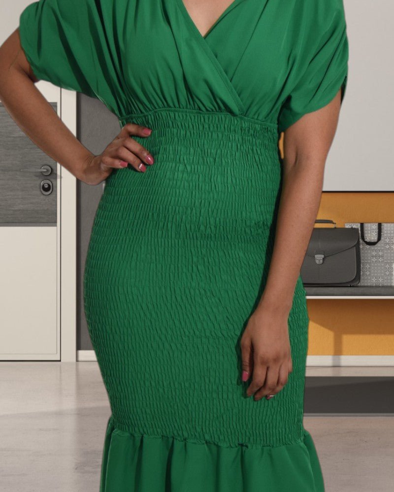 Ladies Ruffle Hem Shirred Green Dress - StylePhase SA