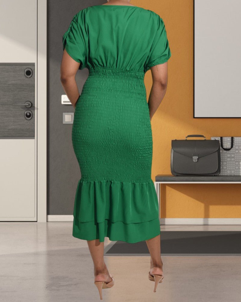 Ladies Ruffle Hem Shirred Green Dress - StylePhase SA