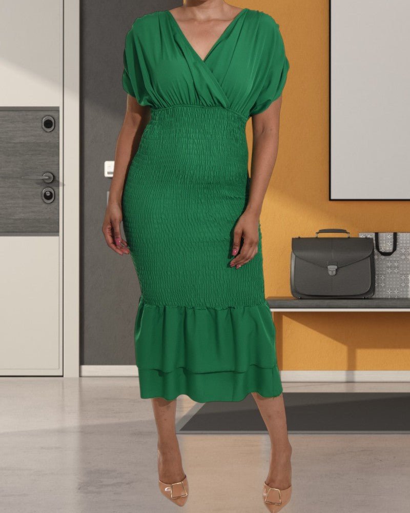 Ladies Ruffle Hem Shirred Green Dress - StylePhase SA