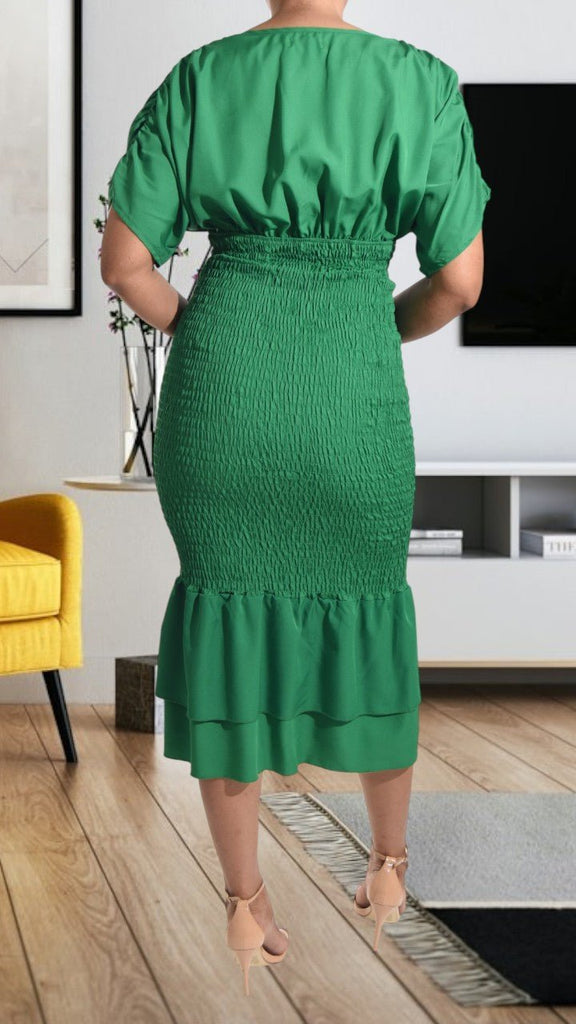 Ladies Ruffle Hem Shirred Green Dress - StylePhase SA