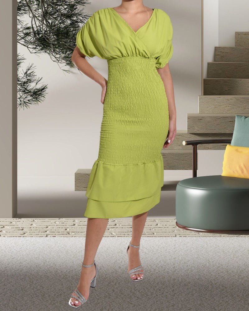 Ladies Ruffle Hem Shirred Light Green Dress - StylePhase SA