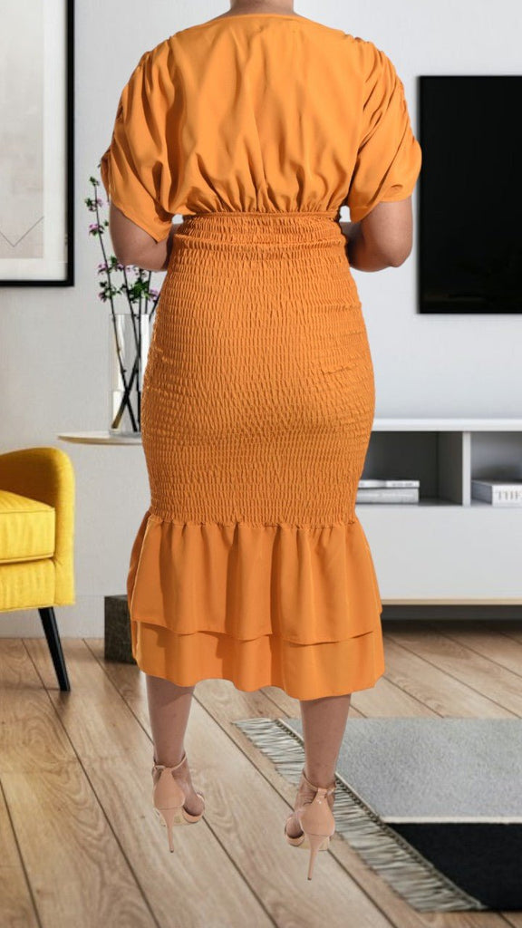 Ladies Ruffle Hem Shirred Mustard Dress - StylePhase SA