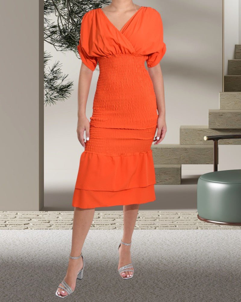 Ladies Ruffle Hem Shirred Orange Dress - StylePhase SA