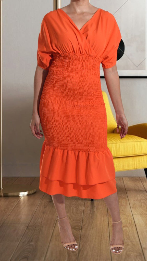Ladies Ruffle Hem Shirred Orange Dress - StylePhase SA
