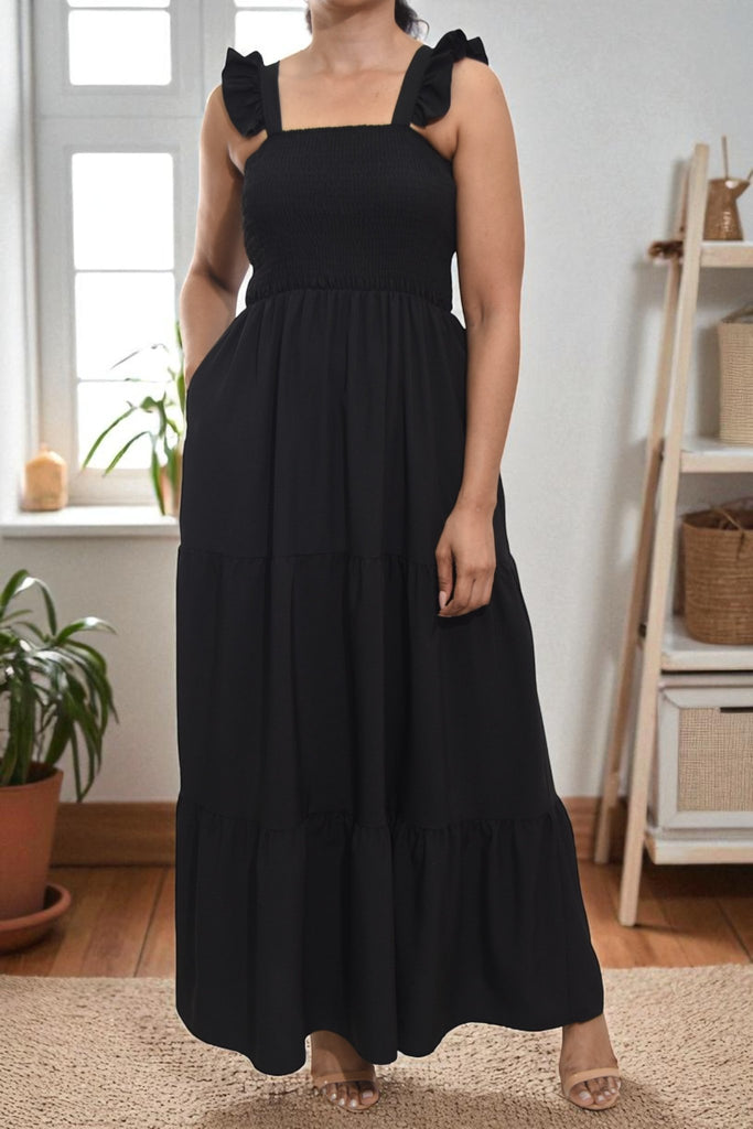 Ladies Ruffle Pocket Tier Dress - Black - StylePhase SA