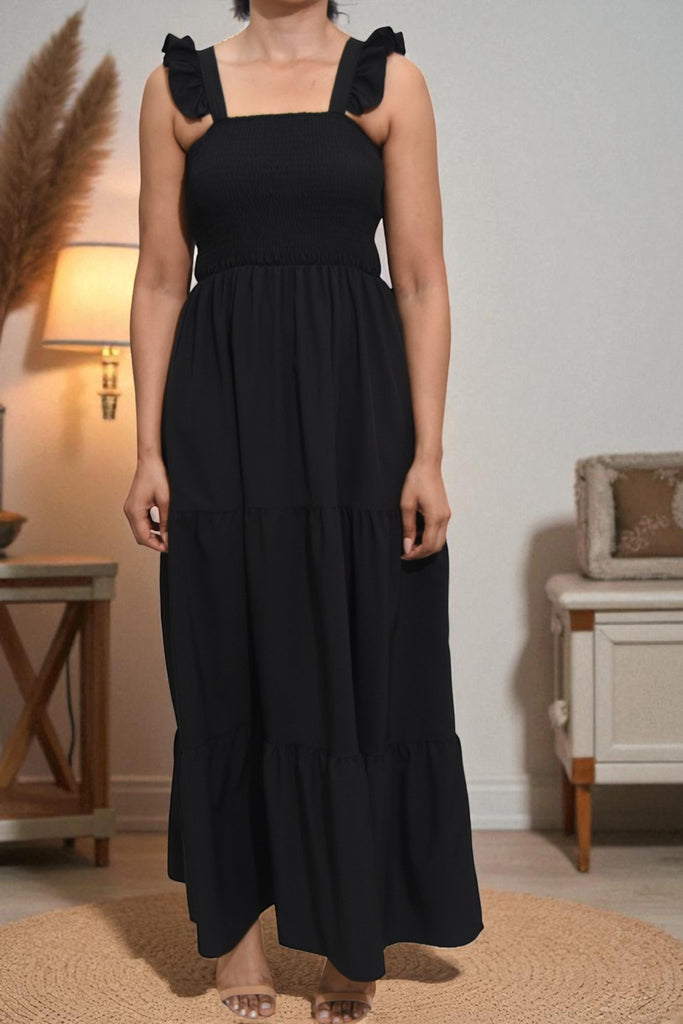 Ladies Ruffle Pocket Tier Dress - Black - StylePhase SA