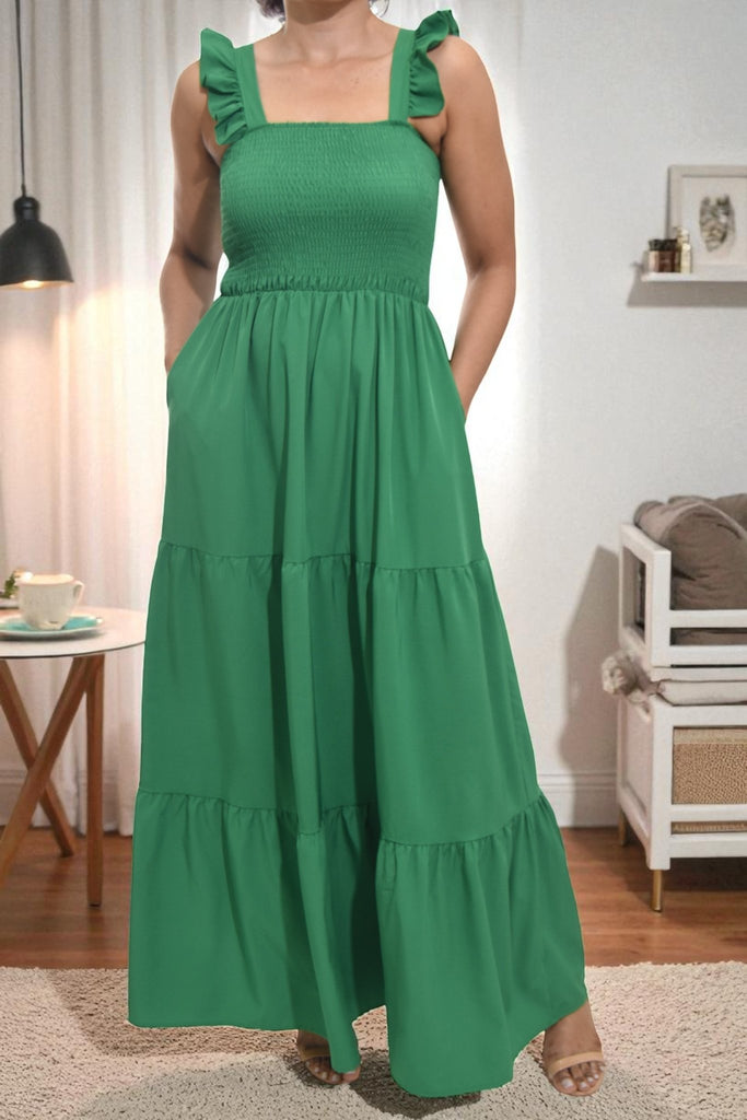 Ladies Ruffle Pocket Tier Dress - Green - StylePhase SA