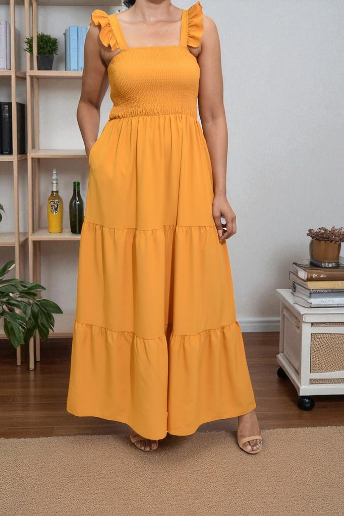 Ladies Ruffle Pocket Tier Dress - Mustard - StylePhase SA