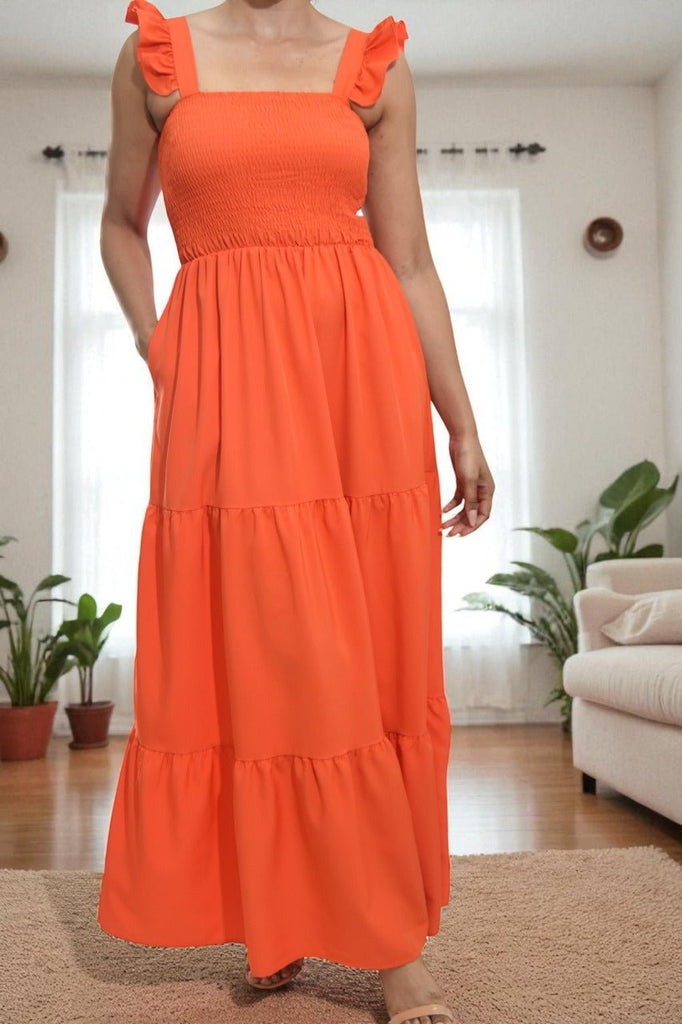 Ladies Ruffle Pocket Tier Dress - Orange - StylePhase SA