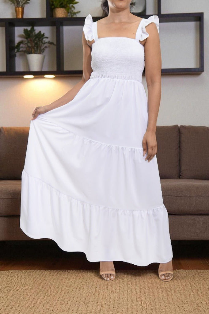 Ladies Ruffle Pocket Tier Dress - White - StylePhase SA