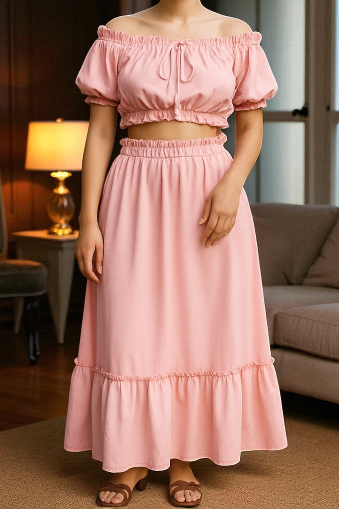 Ladies Ruffle Trim Crop Top and High Slit Skirt Set - StylePhase SA