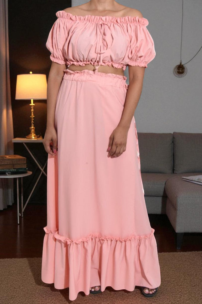 Ladies Ruffle Trim Crop Top and High Slit Skirt Set - StylePhase SA