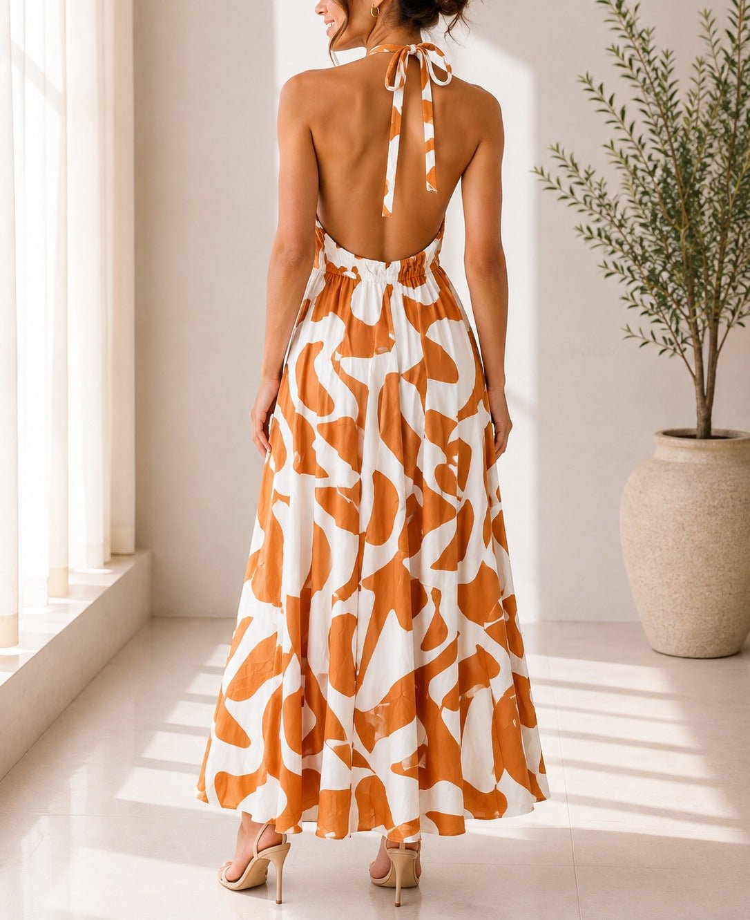 Ladies Rust And Cream Halter Neck Printed Maxi Dress - StylePhase SA